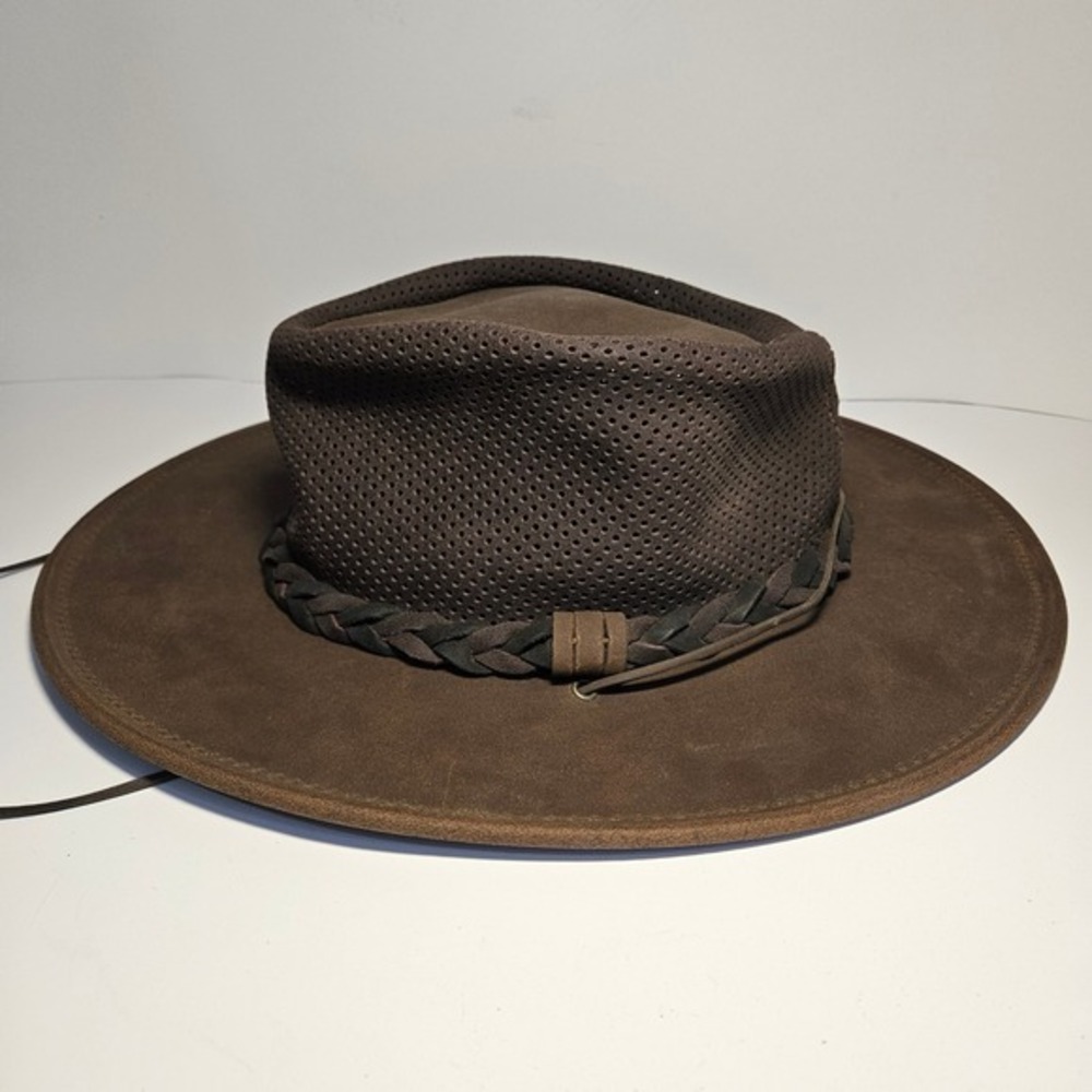 Minnetonka Fold Up Hat Brown Genuine Leather Mesh Crown Outback Western Large